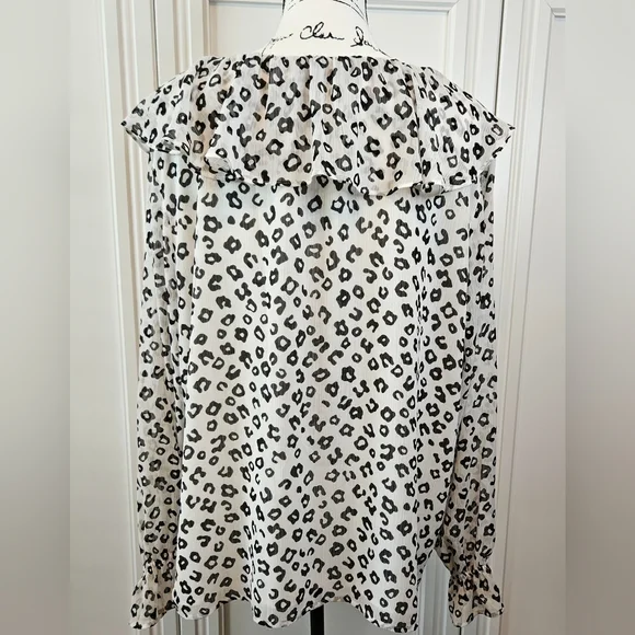 LOFT Black and White Ruffled Bib Collar Blouse, Fully Lined - Picture 2 of 6